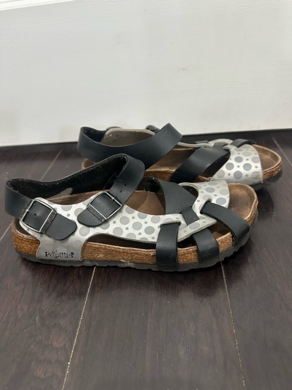 Papillio by Birkenstock Pisa Sandal Black & Gray Polka Dot Leather Sandals SZ 39